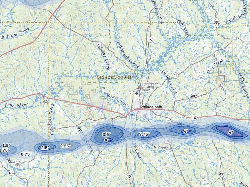 NEXRAD radar-signature map of the hail storm over Philadelphia, MS on May 6, 2026