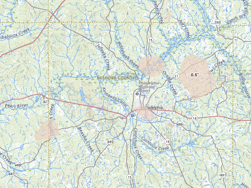Radar-estimated hail-size map of the storm over Philadelphia, MS on Jun 1, 2026