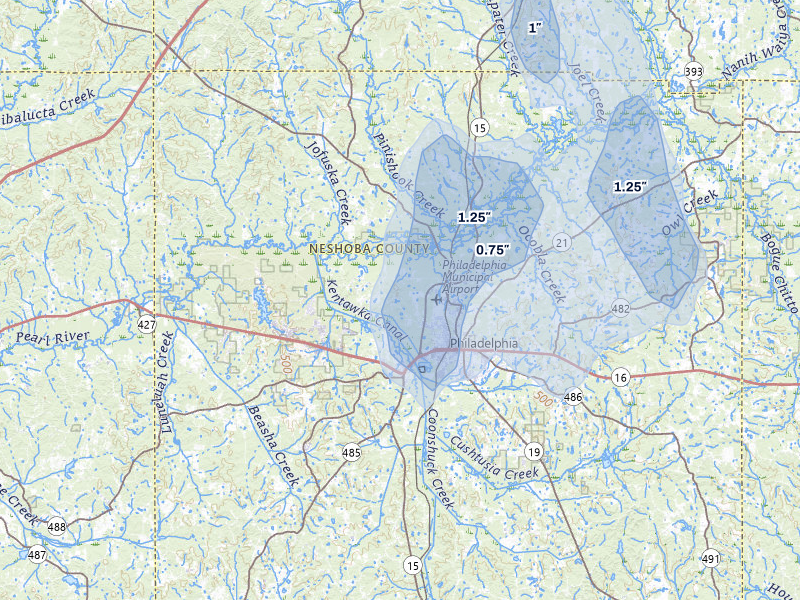 NEXRAD radar-signature map of the hail storm over Philadelphia, MS on Jun 1, 2026