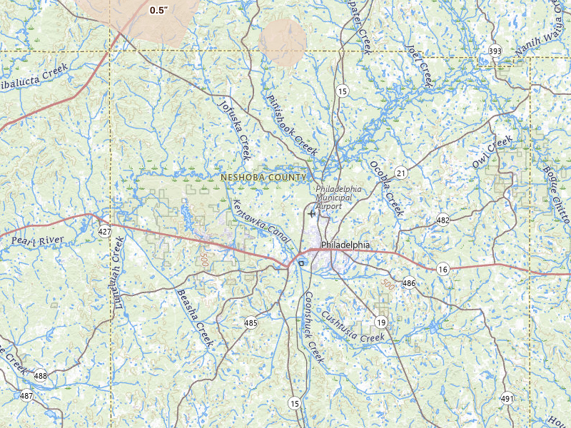 Radar-estimated hail-size map of the storm over Philadelphia, MS on Jun 19, 2026