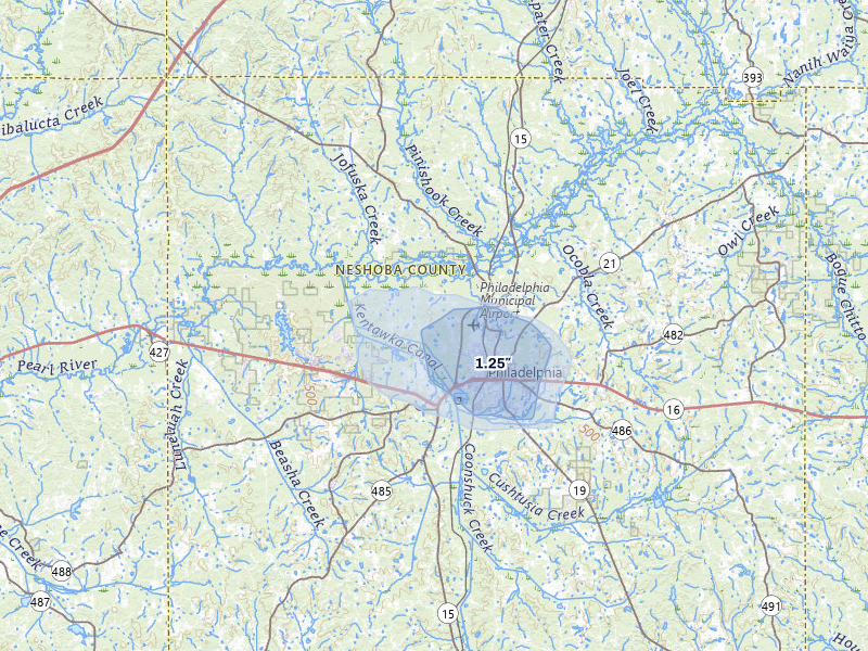 NEXRAD radar-signature map of the hail storm over Philadelphia, MS on Jul 1, 2026