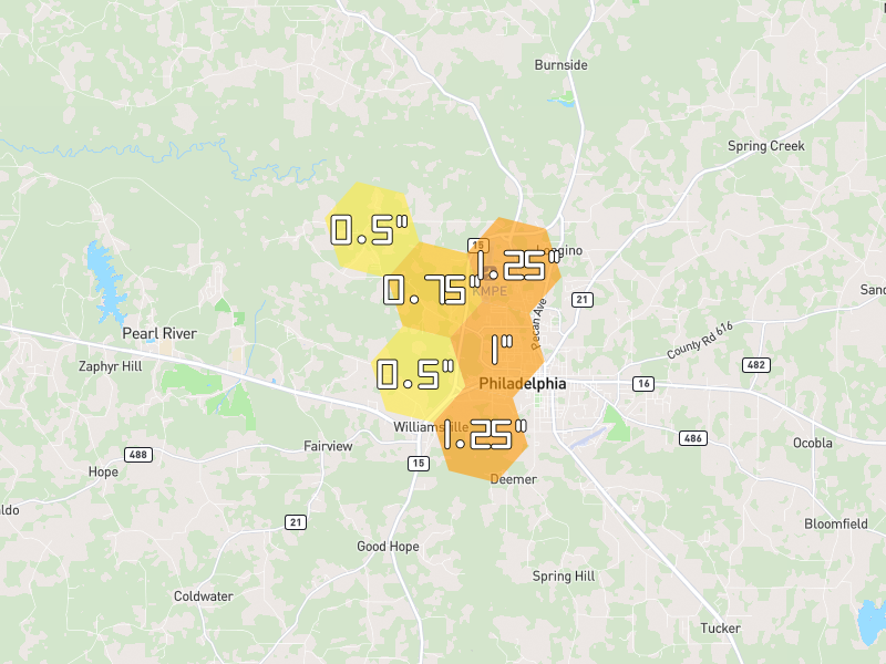 Hail map of Philadelphia, MS on Jul 1, 2026, hail up to 1.25"