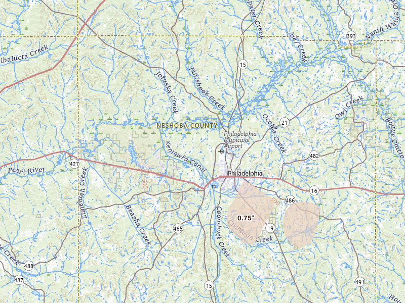 Radar-estimated hail-size map of the storm over Philadelphia, MS on Jul 4, 2026