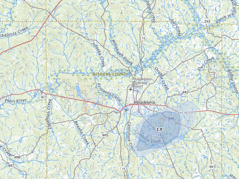 NEXRAD radar-signature map of the hail over Philadelphia, MS