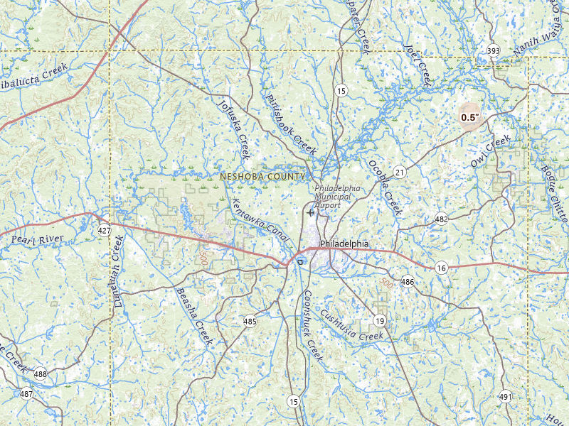 Radar-estimated hail-size map of the storm over Philadelphia, MS on Jul 20, 2026