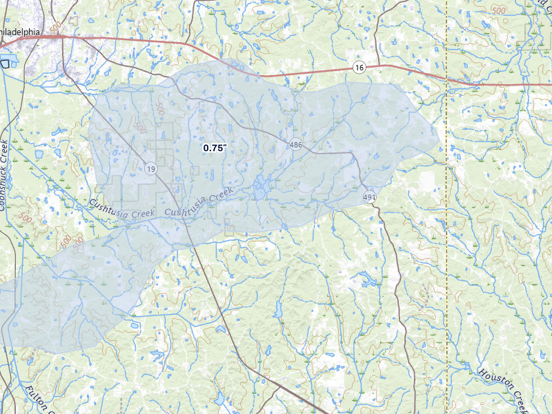 NEXRAD radar-signature map of the hail storm over Philadelphia, MS on Jul 31, 2026