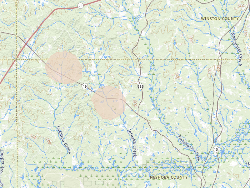 Radar-estimated hail-size map of the storm over Philadelphia, MS on Aug 19, 2026