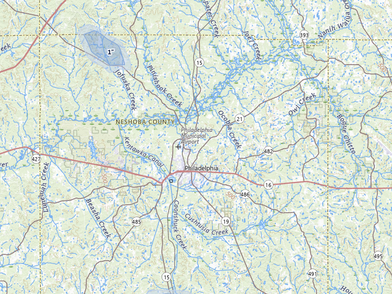 NEXRAD radar-signature map of the hail storm over Philadelphia, MS on Aug 19, 2026