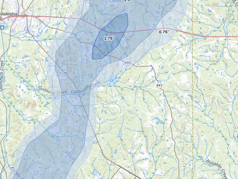 NEXRAD radar-signature map of the hail storm over Philadelphia, MS on Aug 20, 2026