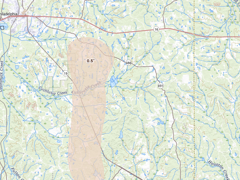 Radar-estimated hail-size map of the storm over Philadelphia, MS
