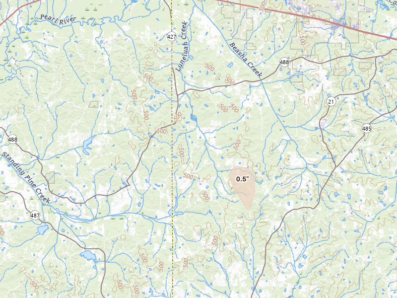 Radar-estimated hail-size map of the storm over Philadelphia, MS