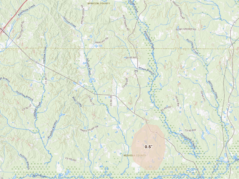 Radar-estimated hail-size map of the storm over Philadelphia, MS