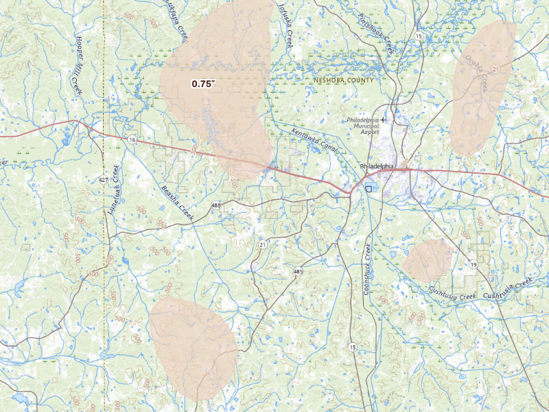 Radar-estimated hail-size map of the storm over Philadelphia, MS