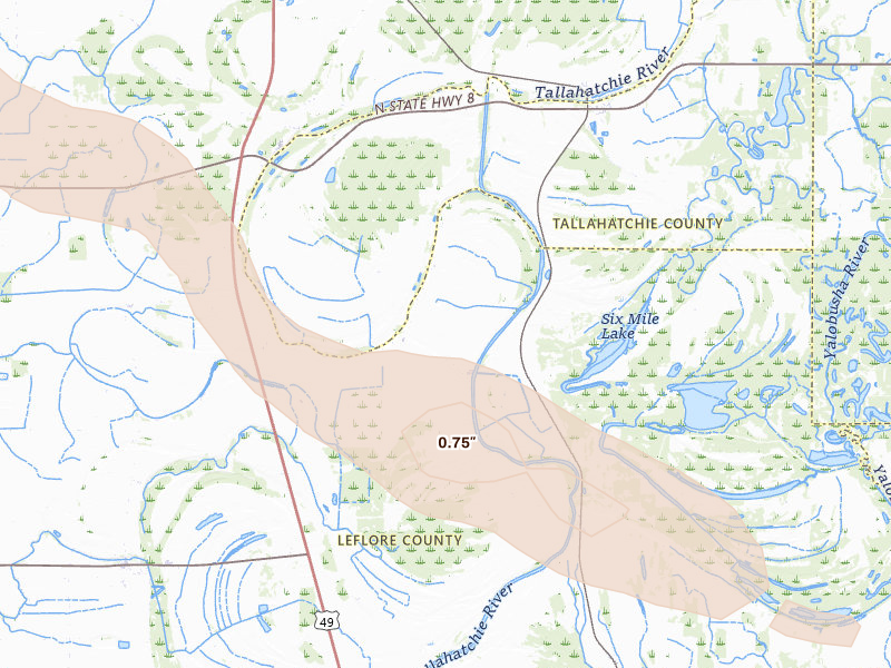 Radar-estimated hail-size map of the storm over Philipp, MS on Feb 26, 2026