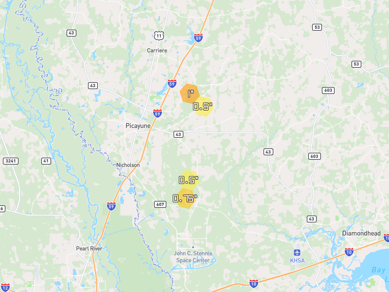 Hail map of Picayune, MS on Jun 1, 2026, hail up to 1"