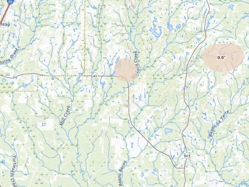 Radar-estimated hail-size map of the storm over Picayune, MS on Jun 2, 2026