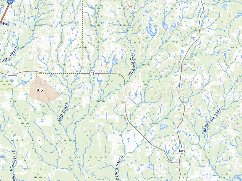 Radar-estimated hail-size map of the storm over Picayune, MS on Jul 5, 2026
