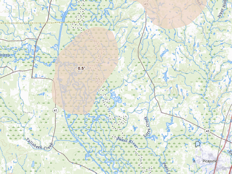Radar-estimated hail-size map of the storm over Picayune, MS on Aug 21, 2026