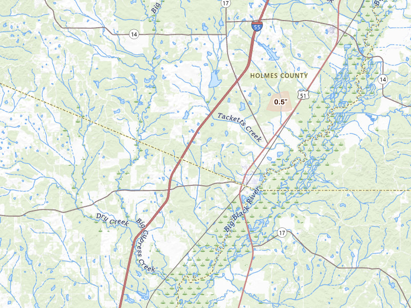 Radar-estimated hail-size map of the storm over Pickens, MS on Jun 2, 2026