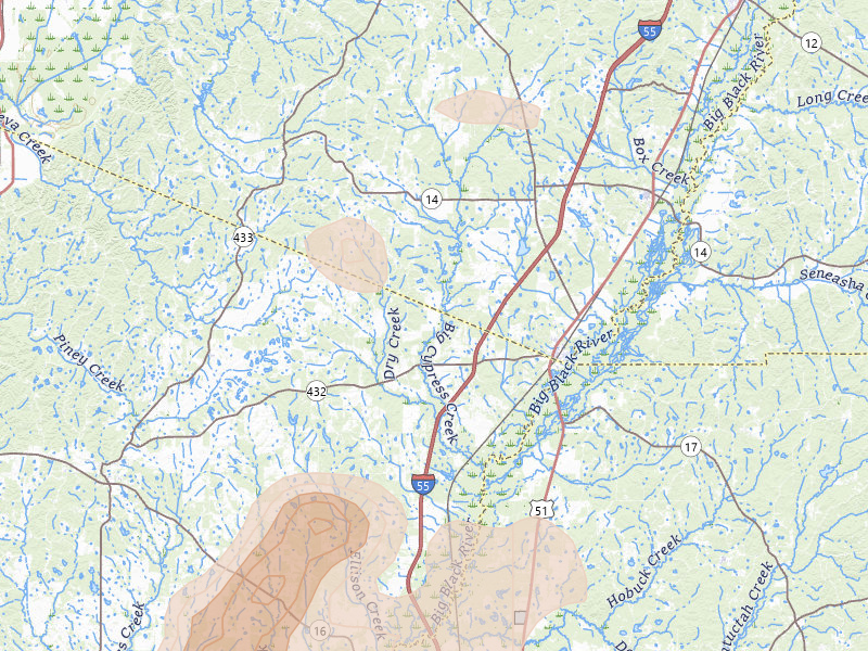Radar-estimated hail-size map of the storm over Pickens, MS on Aug 20, 2026