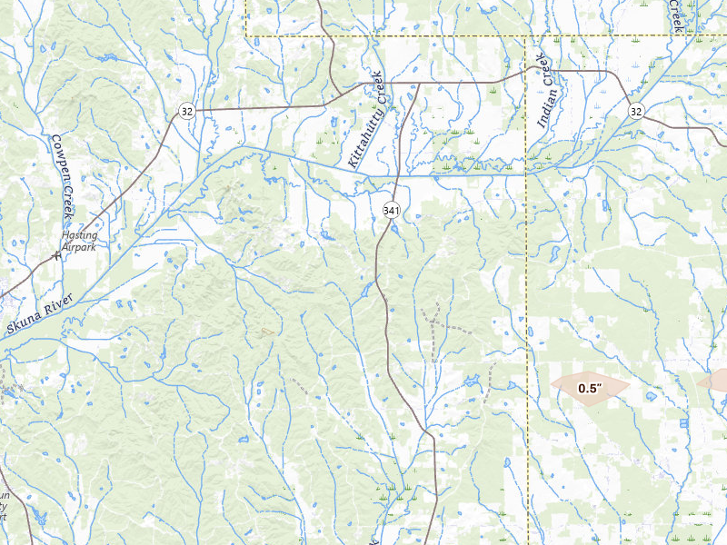 Radar-estimated hail-size map of the storm over Pittsboro, MS on Apr 28, 2026