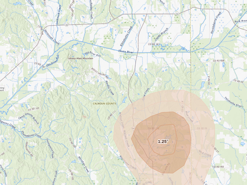 Radar-estimated hail-size map of the storm over Pittsboro, MS