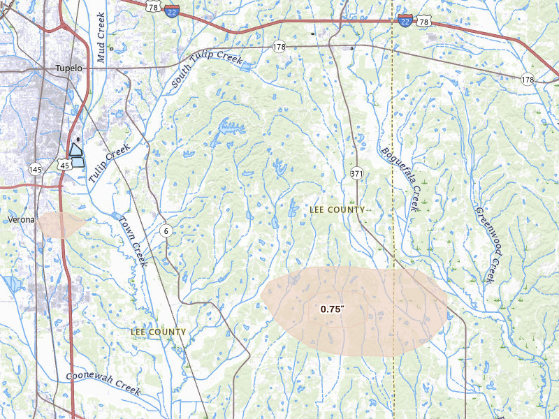 Radar-estimated hail-size map of the storm over Plantersville, MS on Jun 1, 2026