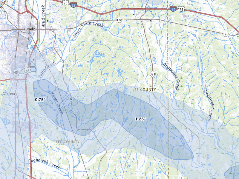 NEXRAD radar-signature map of the hail over Plantersville, MS