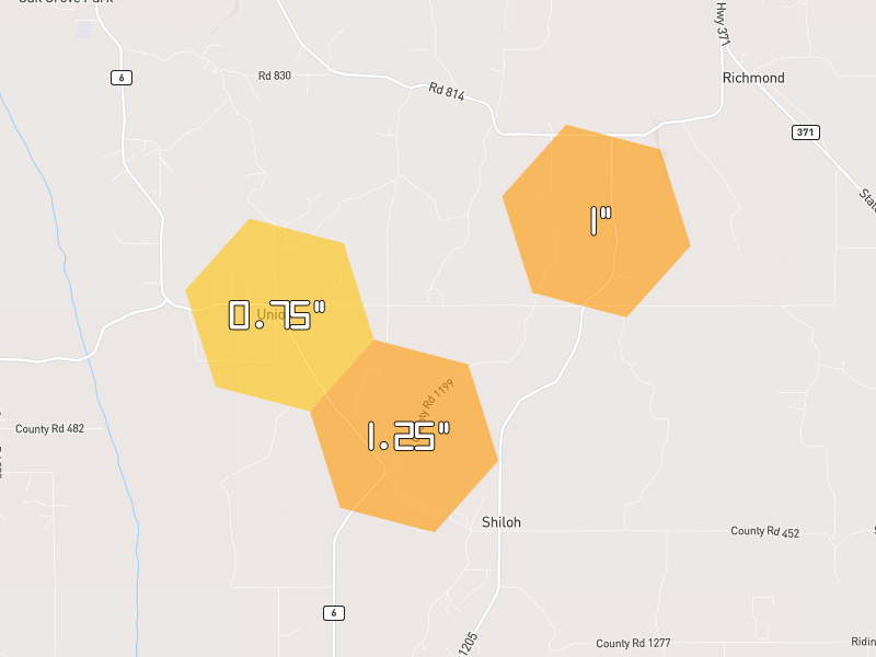 Hail map of Plantersville, MS on Jul 1, 2026, hail up to 1.25"