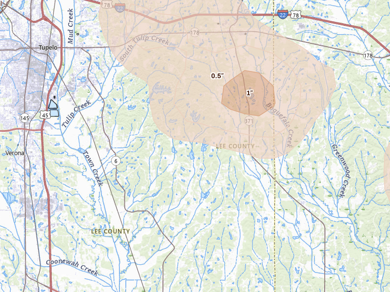 Radar-estimated hail-size map of the storm over Plantersville, MS on Jul 9, 2026