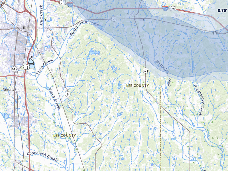 NEXRAD radar-signature map of the hail storm over Plantersville, MS on Jul 9, 2026