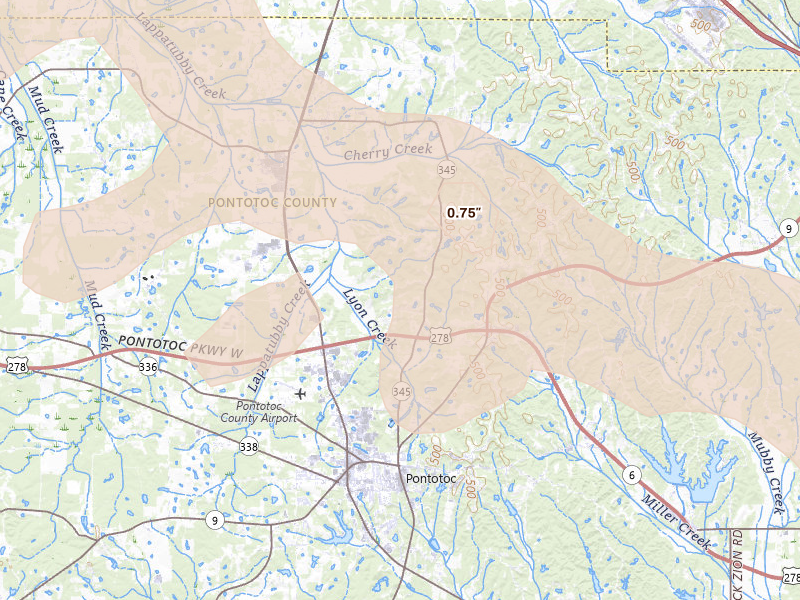 Radar-estimated hail-size map of the storm over Pontotoc, MS on Feb 26, 2026