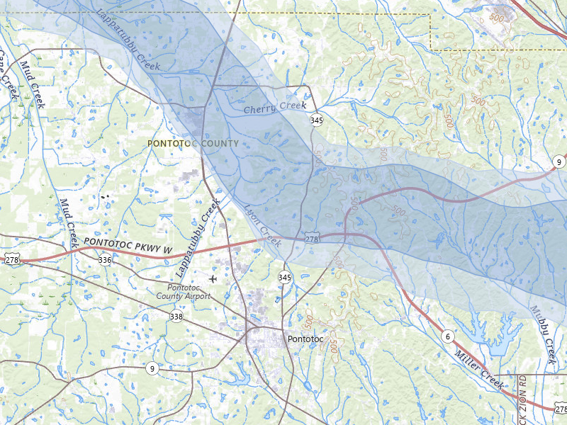 NEXRAD radar-signature map of the hail over Pontotoc, MS