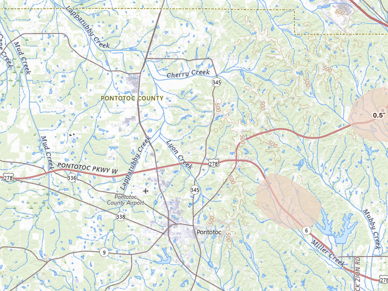 Radar-estimated hail-size map of the storm over Pontotoc, MS on Mar 15, 2026