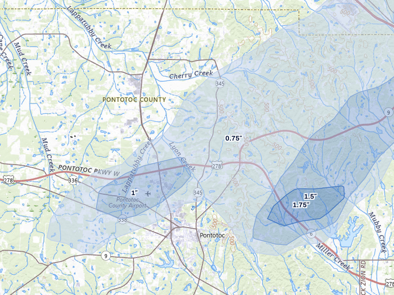 NEXRAD radar-signature map of the hail over Pontotoc, MS