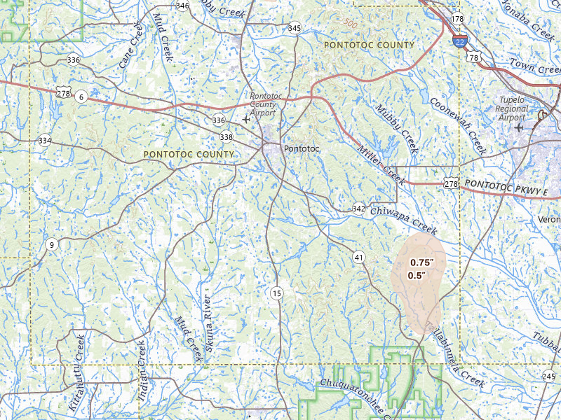Radar-estimated hail-size map of the storm over Pontotoc, MS on Jul 3, 2026