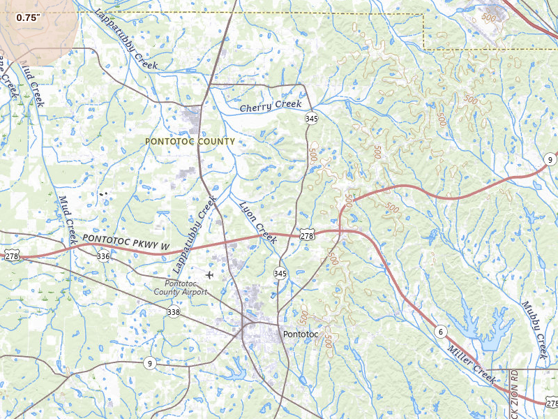 Radar-estimated hail-size map of the storm over Pontotoc, MS on Jul 4, 2026