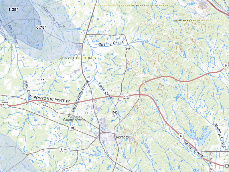 NEXRAD radar-signature map of the hail over Pontotoc, MS