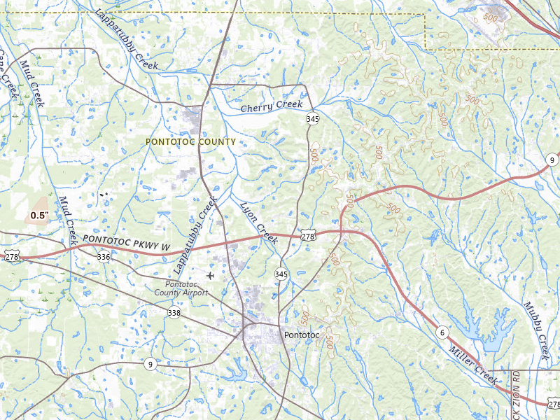 Radar-estimated hail-size map of the storm over Pontotoc, MS on Jul 20, 2026