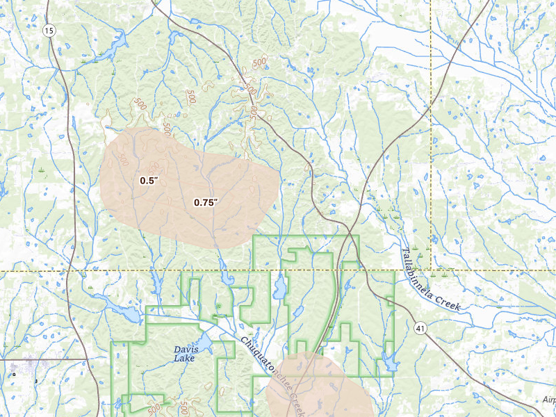 Radar-estimated hail-size map of the storm over Pontotoc, MS on Jul 31, 2026