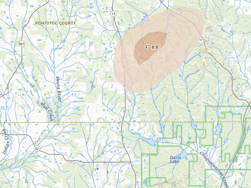 Radar-estimated hail-size map of the storm over Pontotoc, MS on Aug 10, 2026