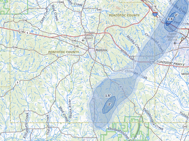 NEXRAD radar-signature map of the hail storm over Pontotoc, MS on Aug 10, 2026