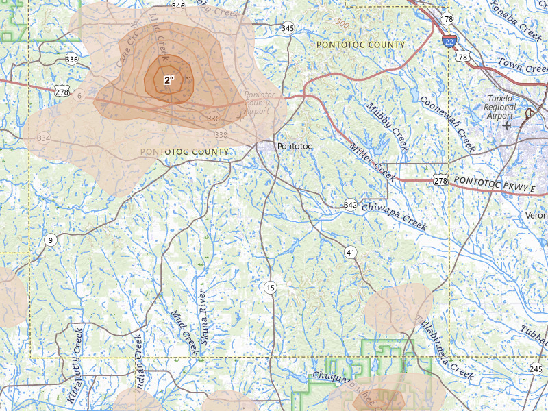 Radar-estimated hail-size map of the storm over Pontotoc, MS on Aug 20, 2026