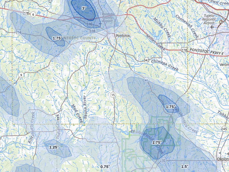 NEXRAD radar-signature map of the hail storm over Pontotoc, MS on Aug 20, 2026