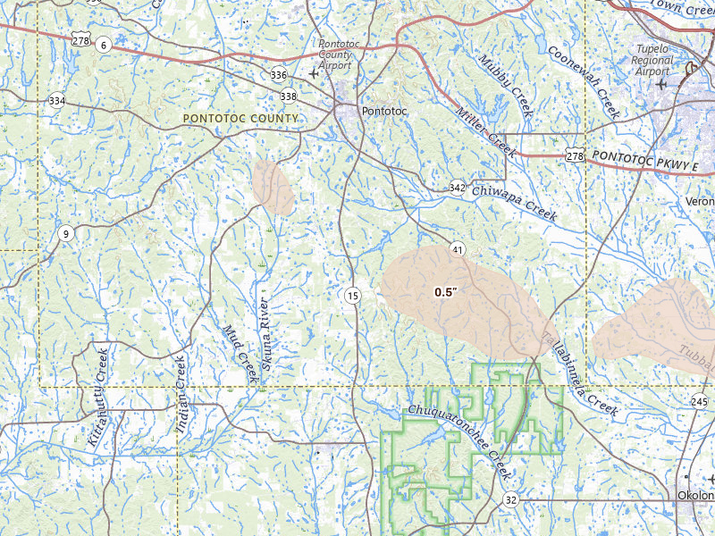Radar-estimated hail-size map of the storm over Pontotoc, MS on Aug 26, 2026