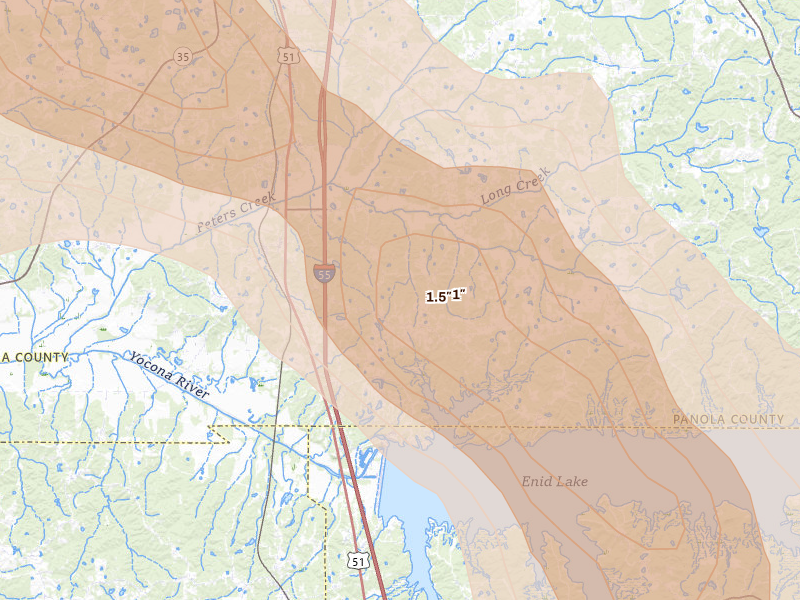 Radar-estimated hail-size map of the storm over Pope, MS on Aug 22, 2026