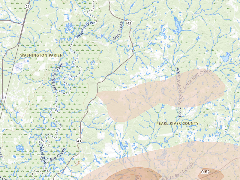 Radar-estimated hail-size map of the storm over Poplarville, MS on May 8, 2026