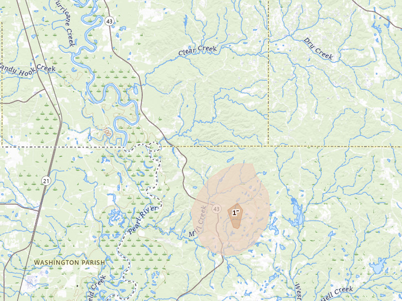 Radar-estimated hail-size map of the storm over Poplarville, MS on Aug 16, 2026