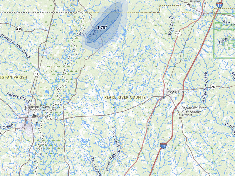 NEXRAD radar-signature map of the hail storm over Poplarville, MS on Aug 16, 2026