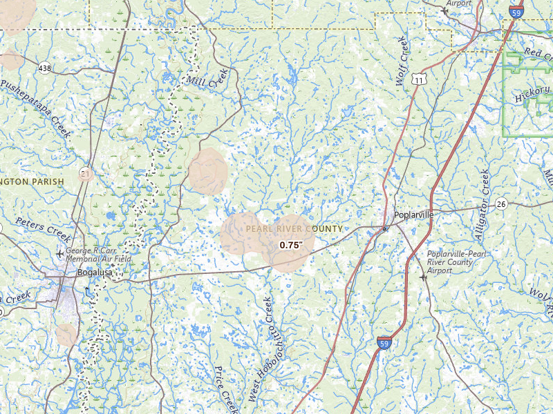 Radar-estimated hail-size map of the storm over Poplarville, MS on Aug 18, 2026